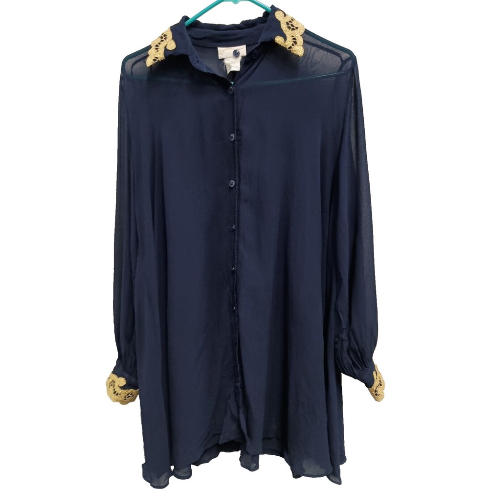 VTG Gottex Top Womens Medium Navy Gold Lace Trim Sheer Long Sleeve Whimsygoth